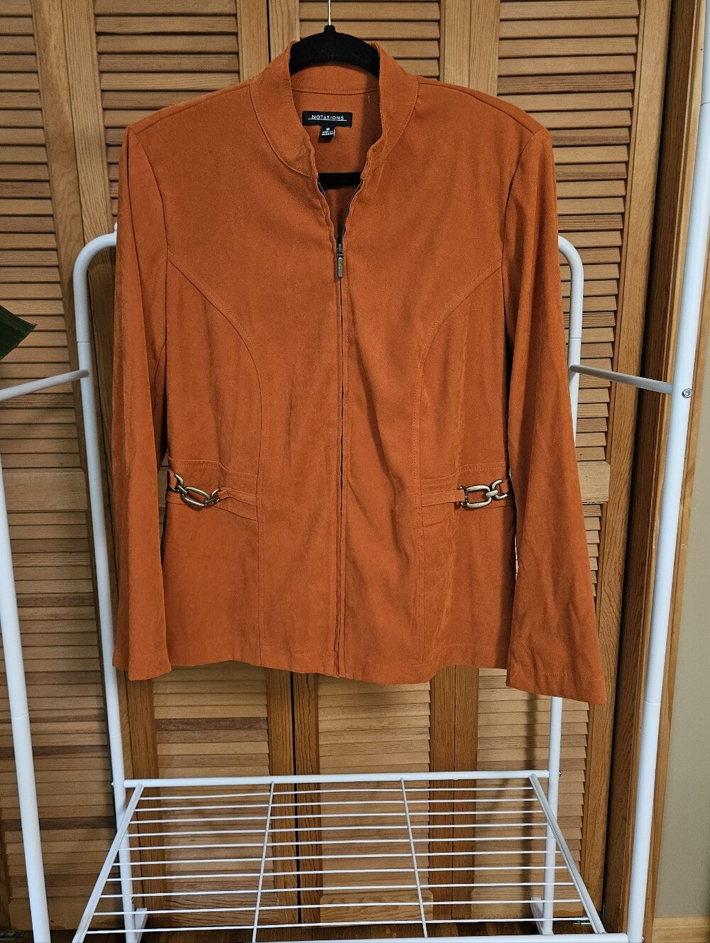 70s Style Faux Suede Buckle Detail Band Jacket Rust Fall Zip Up Jacket